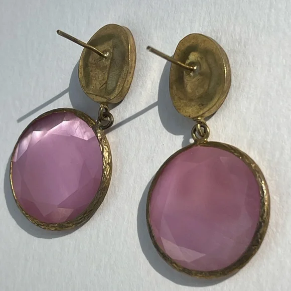 Pink and green stone Gold Drop dangle Earrings artisan vintage - Picture 9 of 11